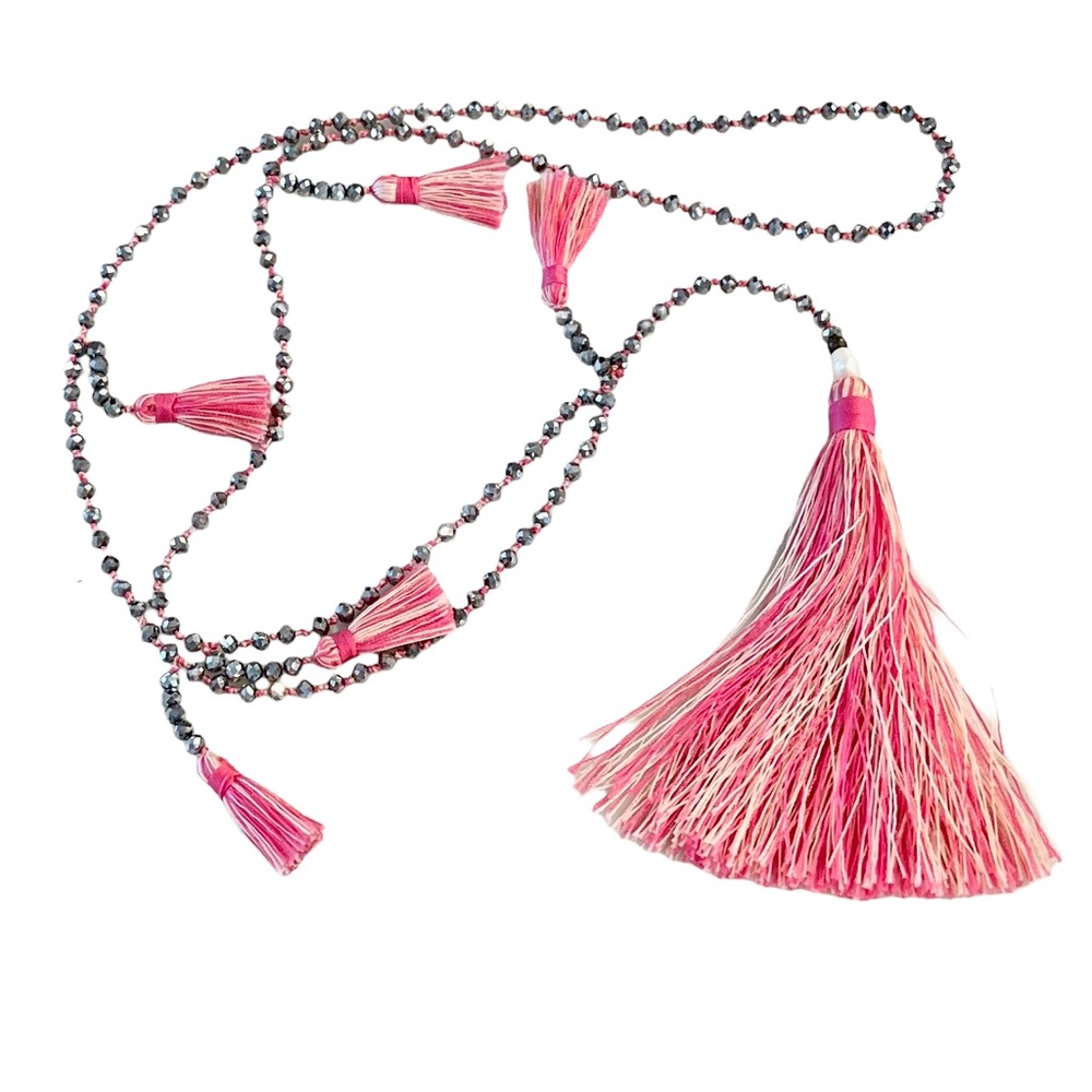 Multi Tassel Necklace, Pink Tassels, Silver Metallic Beads, Trendy, Cute Bright